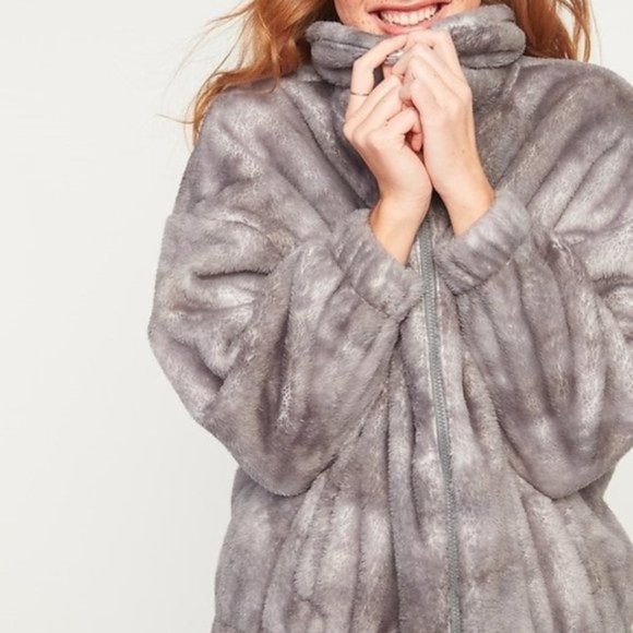 NWT Cozy Teddy Sherpa Zip Lounge Jacket Tie Dye Gray Plush Faux Fur - Picture 5 of 8